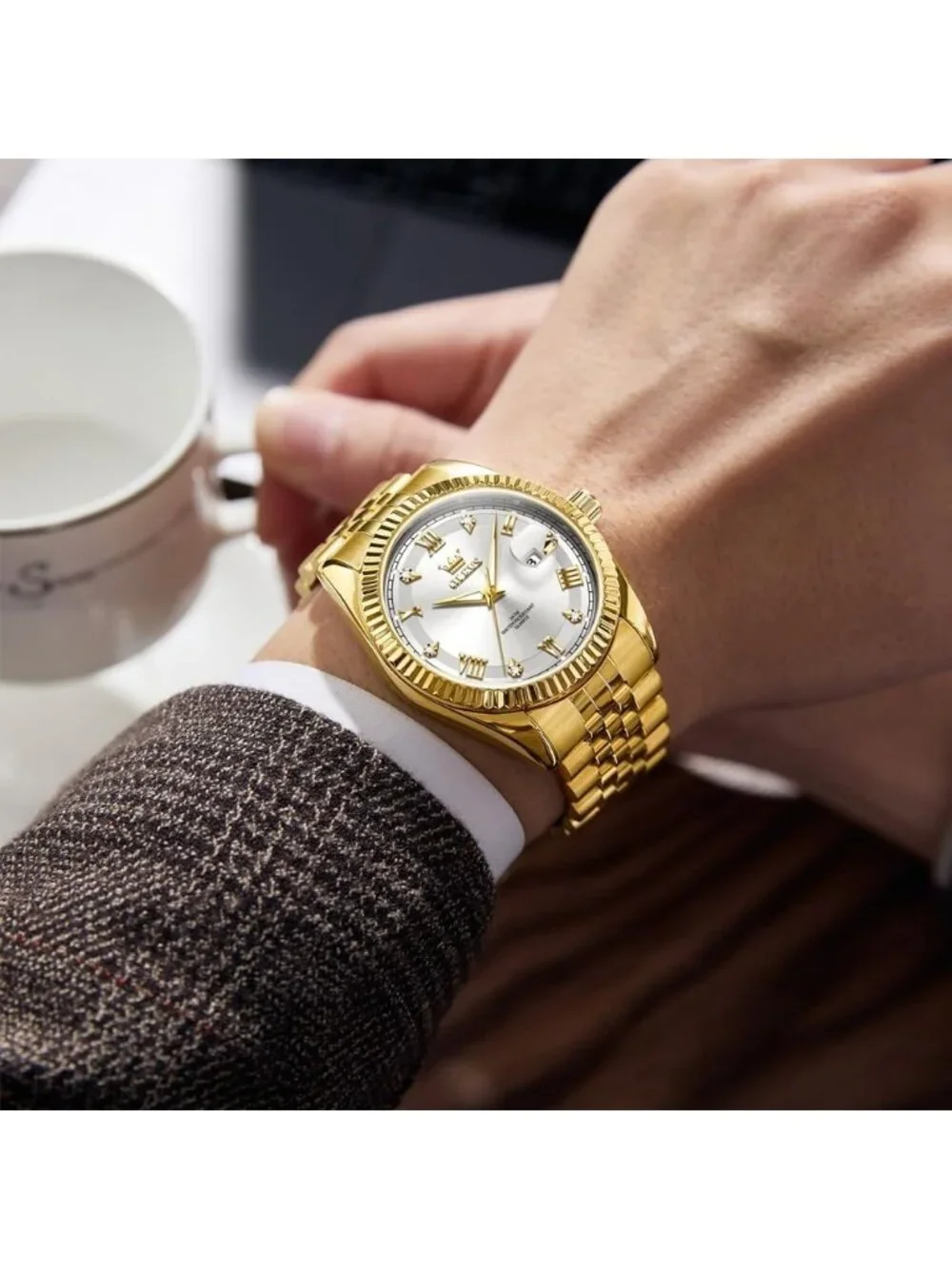 Men's Gold Silver Diamond Classic Analog Stainless Steel Waterproof Wrist Watch